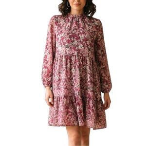 LOFT Outlet Pink Floral Georgette Long Sleeve Tiered Oversized Fit Dress M L